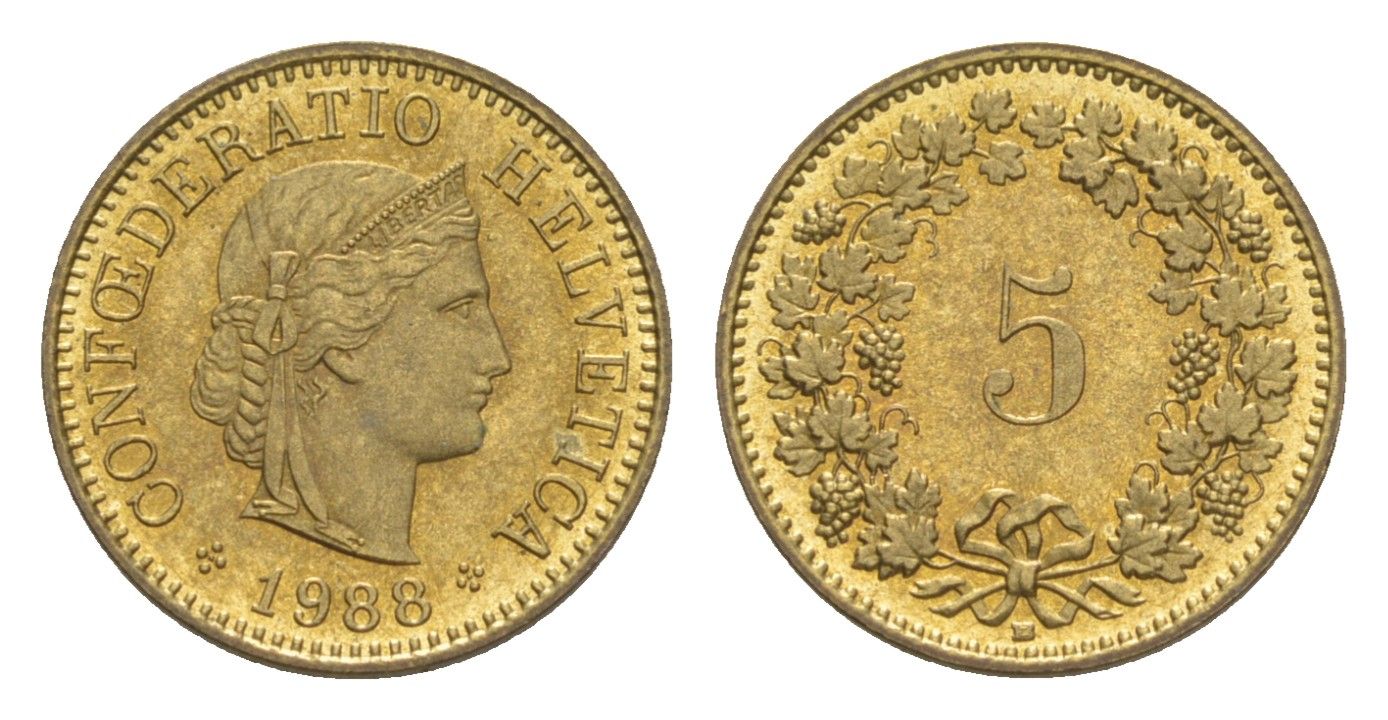 Швейцария 5 раппенов 1988 B KM 26c алюминиевая бронза 4609-249