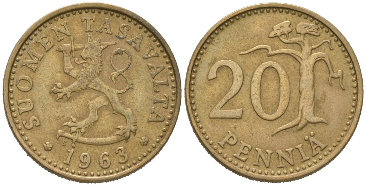 Финляндия 20 пенни 1963 S KM 47 алюминиевая бронза 4618-764