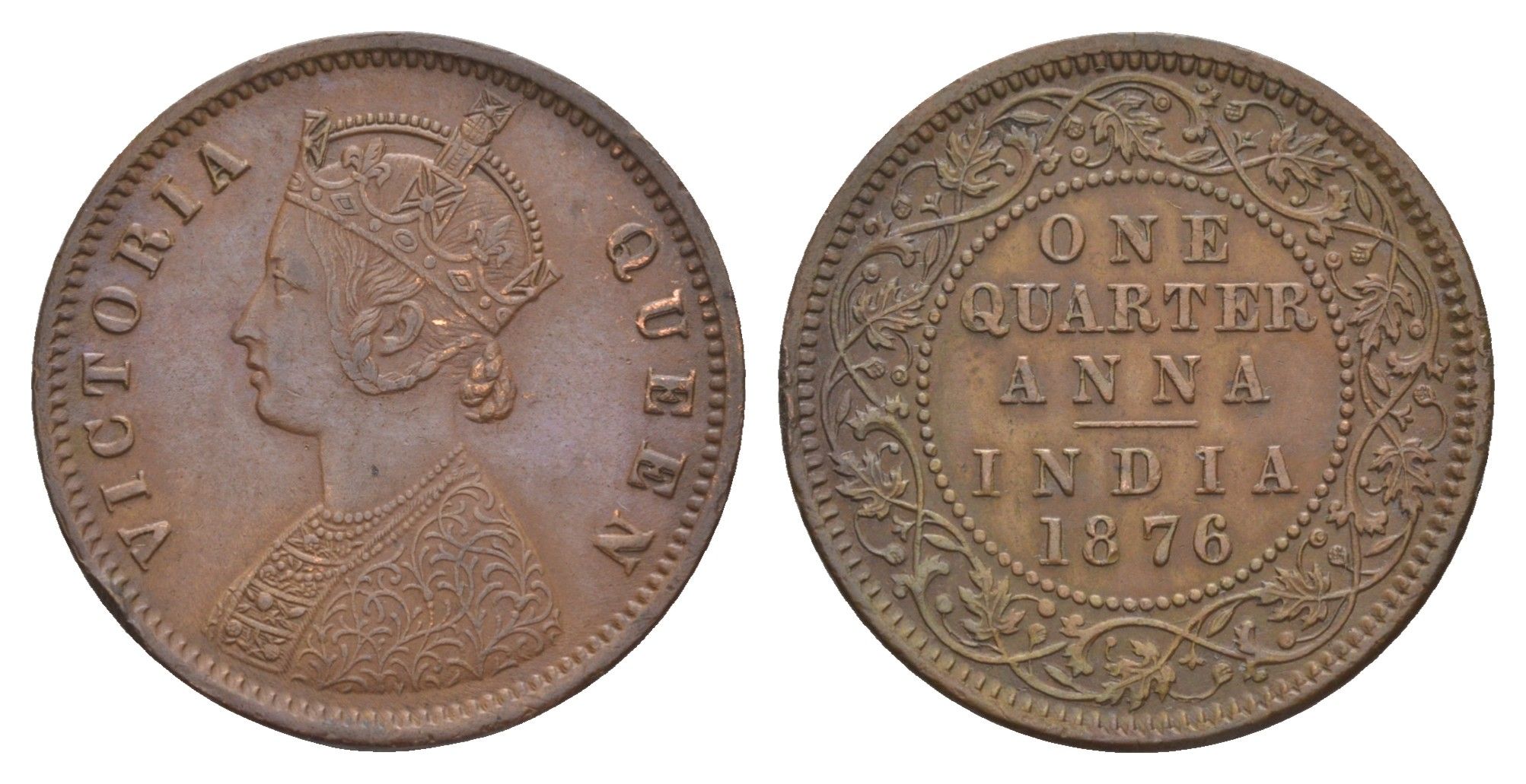 Британская Индия 1/4 анна 1876 Виктория (1837-1901) KM 467 медь    1529-144