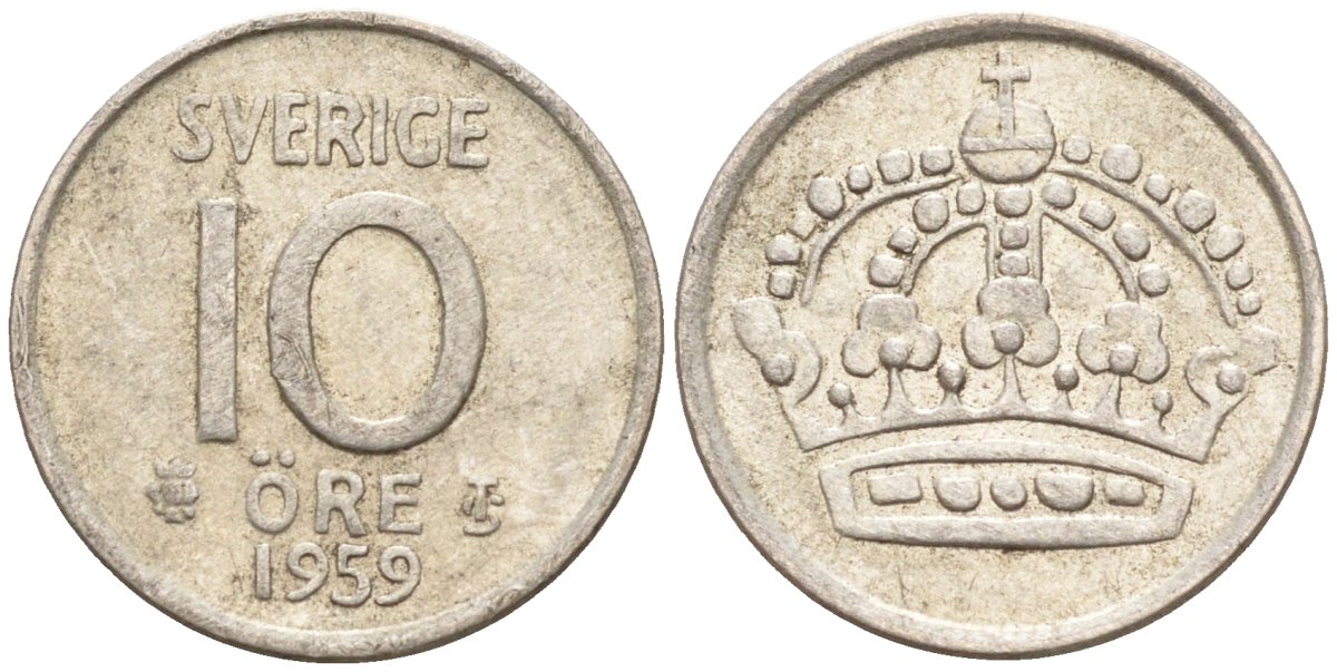Швеция 10 эре 1959 Густав VI Адольф (1950-1973) KM 823 серебро 4147-924