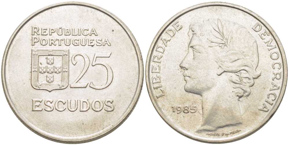 Португалия 25 эскудо 1985 KM 607а медно-никель 113-746