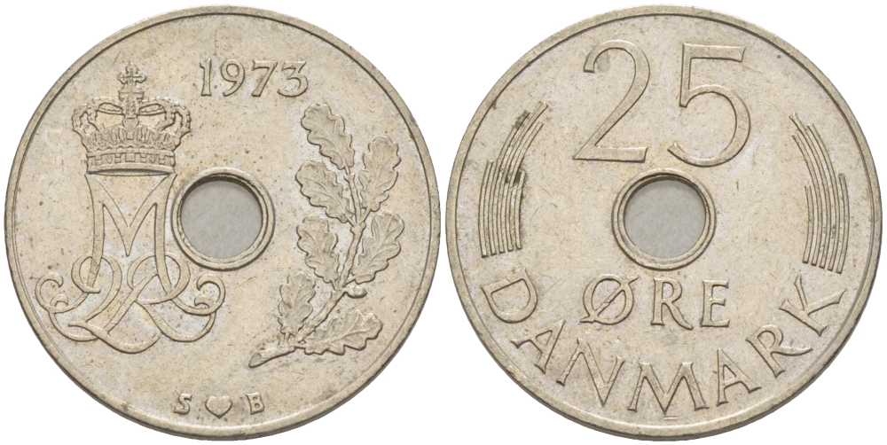 Дания 25 эре 1973 S; B, Маргрете II (1972- ) KM 861.1 медно-никель 94-555