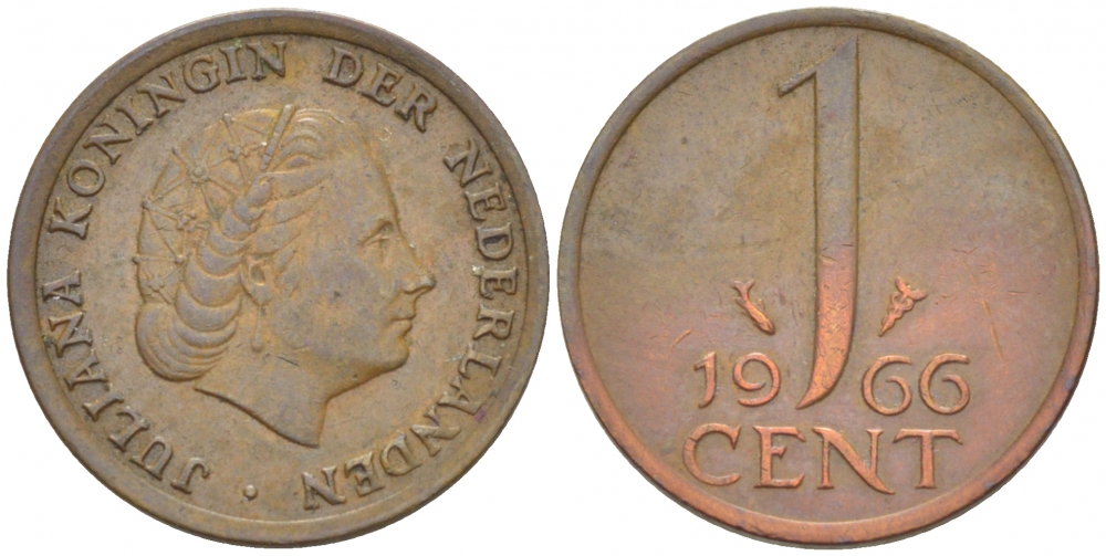 НИДЕРЛАНДЫ 1 ЦЕНТ 1966 ЮЛИАНА KM 180 бронза 3457-1025
