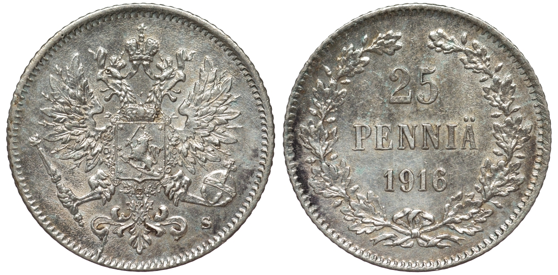 Россия для Финляндии 25 пенни 1916 S, Николай II (1894-1917) KM 6.2, Биткин 421 серебро 75-1347