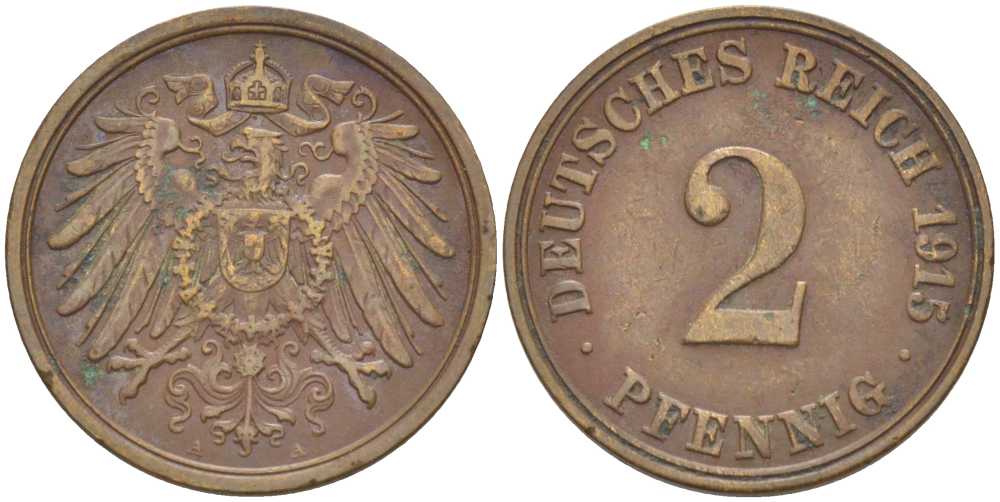 ГЕРМАНИЯ 2 ПФЕННИГА 1915 A KM 16, J. 11, Weege 4 медь 206-649