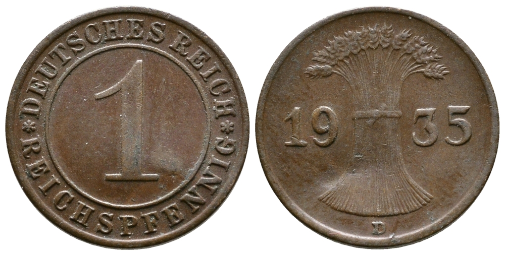 Германия 1 рейхспфенниг 1935 D KM 37, J. 313 бронза 220-121