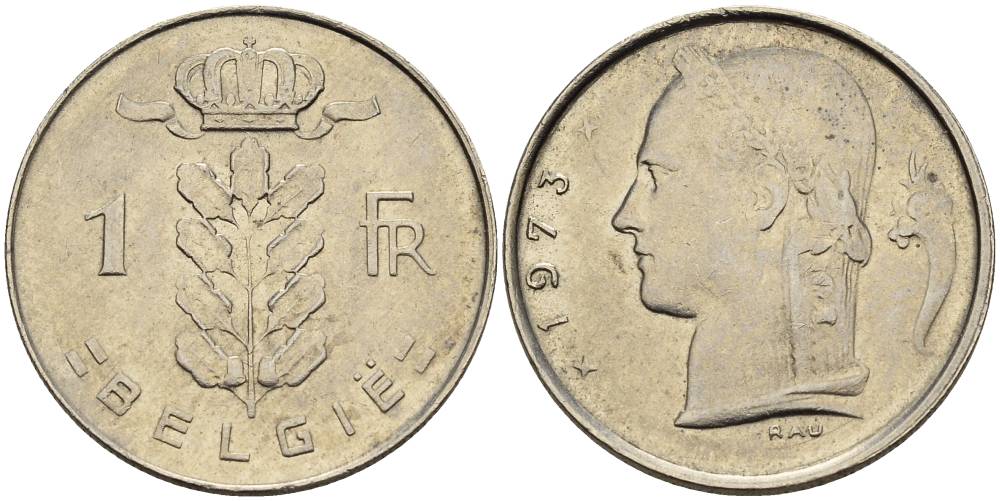 БЕЛЬГИЯ 1 ФРАНК 1973 BELGIE KM 143.1 медно-никель 4546-421