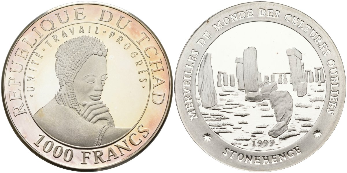 Чад 1000 франков 1999 серия наследие мировых культур, Стоунхендж серебро PROOF 04-317-32