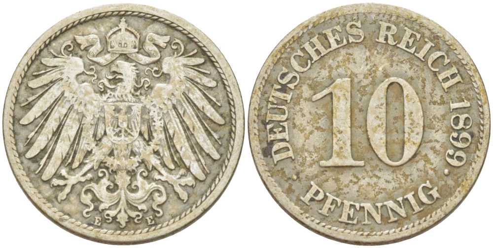 ГЕРМАНИЯ 10 ПФЕННИГОВ 1899 E KM 12, J. 13, Weege 8 медно-никель 261-1336