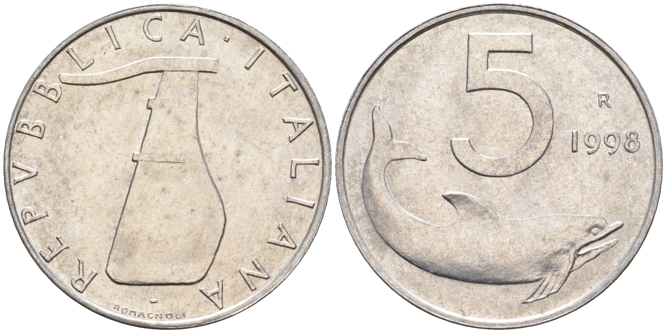 Италия 5 лир 1998 R, дельфин KM 92 алюминий  UNC  4594-961