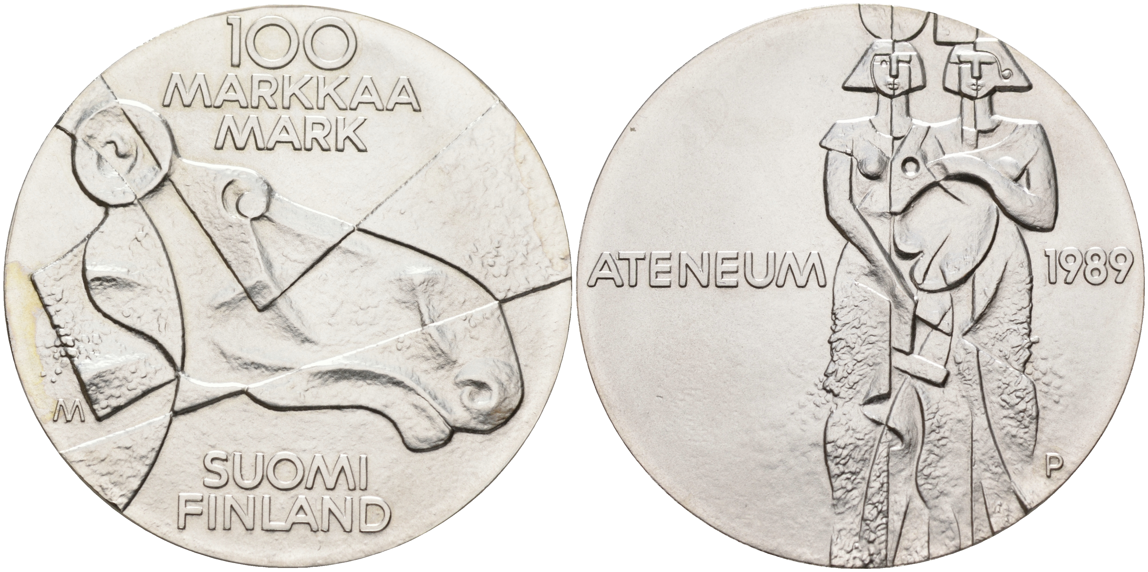 Финляндия 100 марок 1989 Центральный художественный музей Атенеум, лось KM 75 серебро UNC 1525-1333