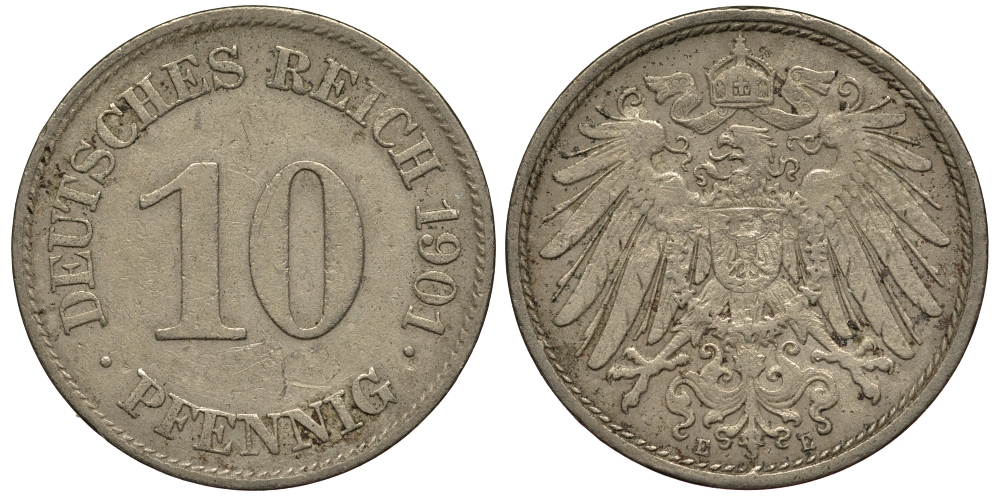 ГЕРМАНИЯ 10 ПФЕННИГОВ 1901 E KM 12, J. 13 медно-никель 413-5421