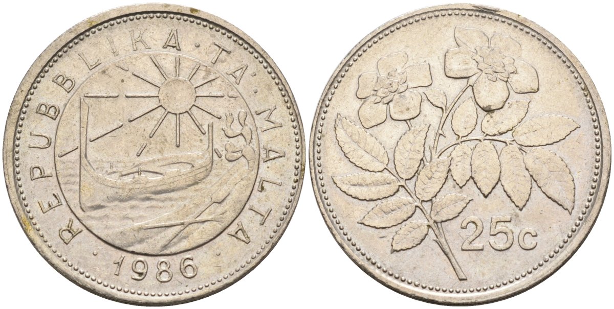 Мальта 25 центов 1986 шиповник вечнозелёный KM 80 медно-никель 4586-1245