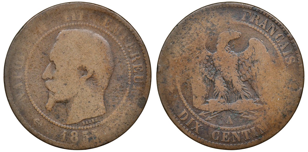 ФРАНЦИЯ 10 САНТИМОВ 1855 А, НАПОЛЕОН III (1852-1870) KM 771.1, LE FRANC 133.19 бронза 72-532