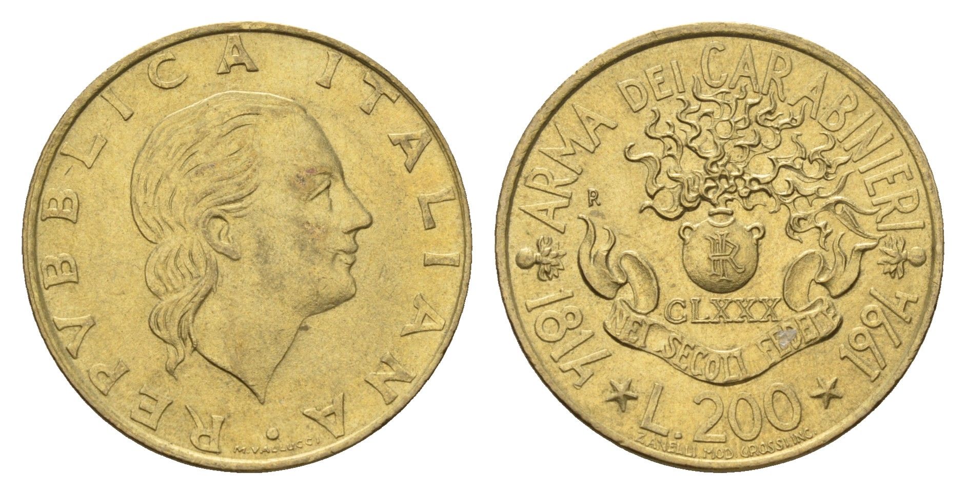 Италия 200 лир 1994 180 лет карабинерам KM 164 алюминиевая бронза UNC 4675-135