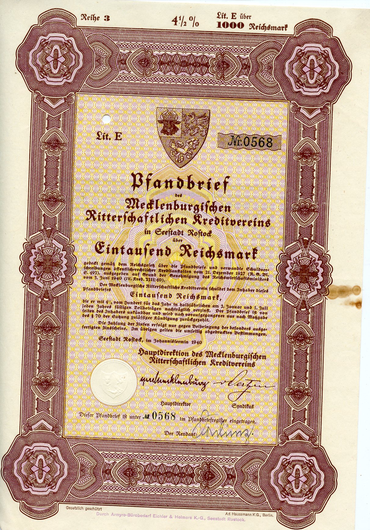 Германия 1000 рейхсмарок 1940 Мекленбургский рыцарский кредитный клуб, 4 1/2%   бумага  8804-91-1