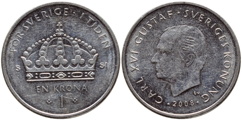 Швеция 1 крона 2008 Карл XVI Густав (1973- ) KM 894 медно-никель 86-933