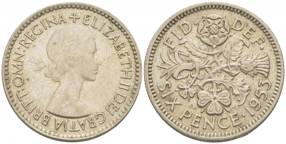 Великобритания 6 пенсов 1953 Елизавета II (1952-2022) KM 889, Spink 4141 медно-никель 3955-413