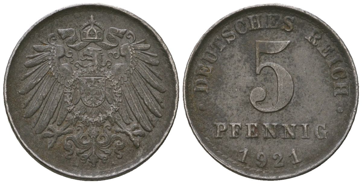 Германия 5 пфеннигов 1921 A KM 19, AKS 17, J 297, Schon DM 20, Neum 33 железо 4588-569