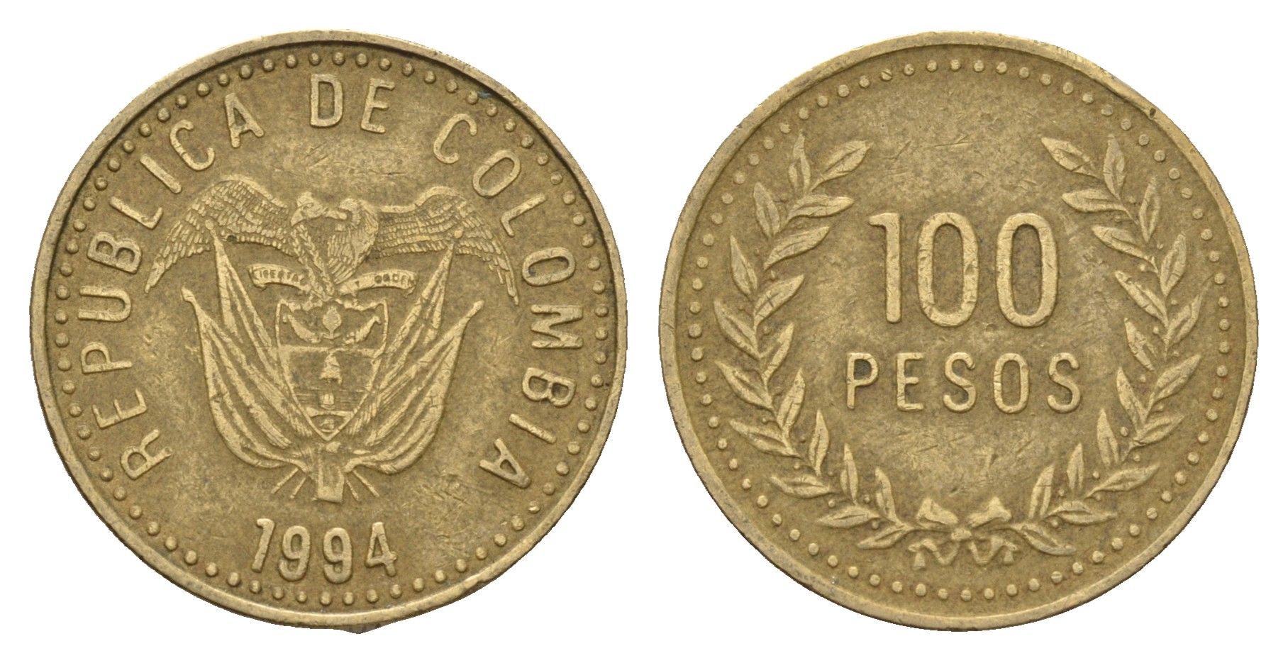 Колумбия 100 песо 1994 KM 285 латунь 4114-1045