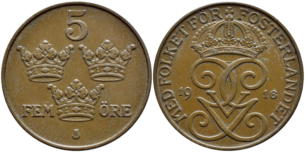 Швеция 5 эре 1916 короткая 6, Густав V (1907-1950) KM 779.2 бронза 4394-841