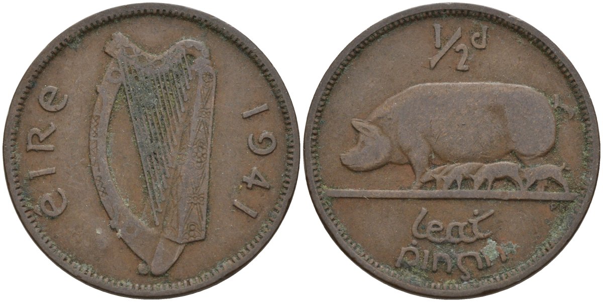 Ирландия 1/2 пенни 1941 свинья с поросятами KM 10 бронза 4146-536
