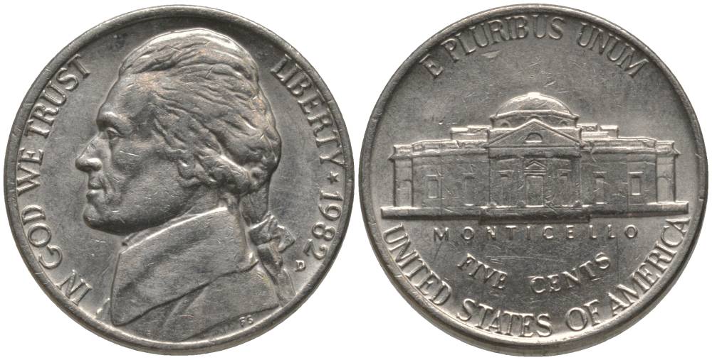 США 5 центов 1982 D, президент Джеферсон KM А192 медно-никель 181-115