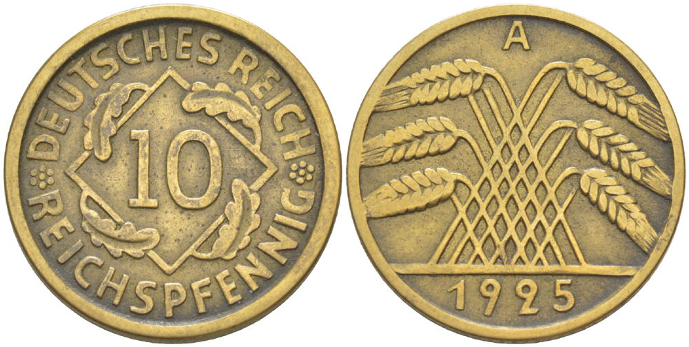 ГЕРМАНИЯ 10 РЕЙХСПФЕННИГОВ 1925 A KM 40, J. 317, Weege 9 алюминиевая бронза 4182-713