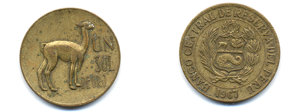 ПЕРУ 1 СОЛЬ 1967 ЛАМА KM 248 латунь 83-1132