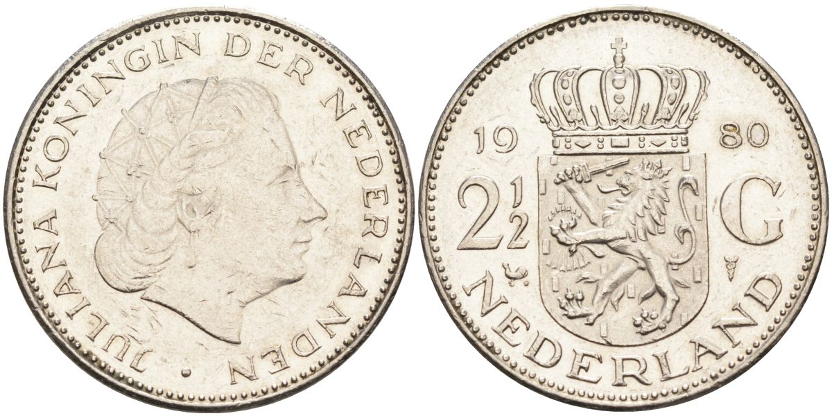 Нидерланды 2 1/2 гульдена 1980 Юлиана (1948-1980) KM 191 никель 4593-645