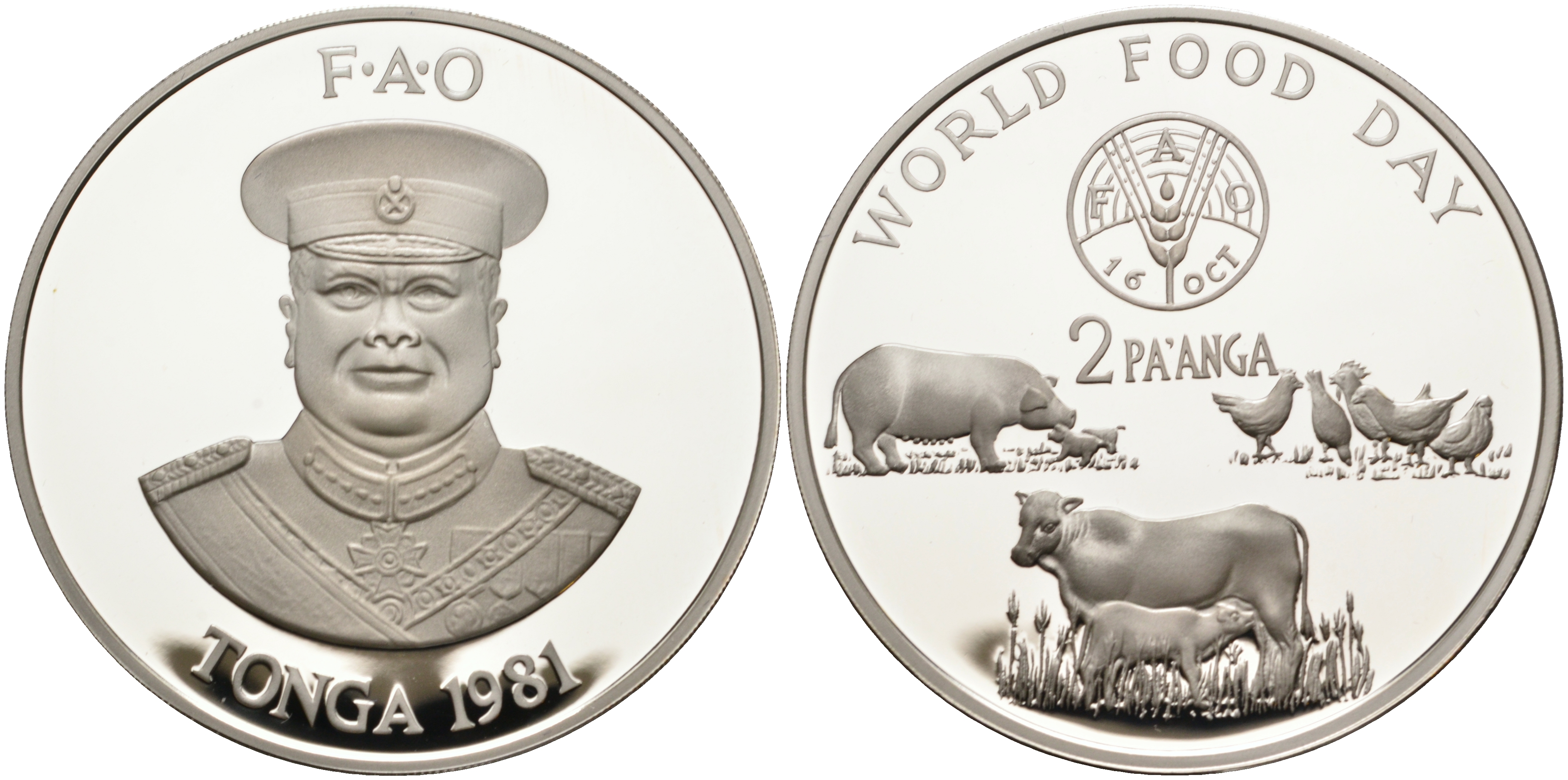 Тонга 2 паанга 1981 FAO, домашние животные, король Тауфа’ахау Тупоу IV (1967-2006) KM 73a серебро PROOF 1069-6-22