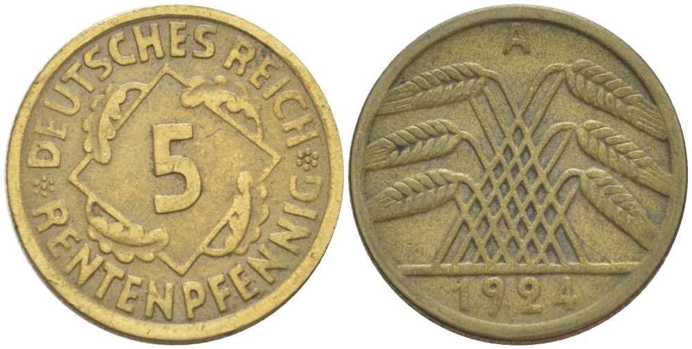 ГЕРМАНИЯ 5 РЕНТЕНПФЕННИГОВ 1924 A KM 43, J. 308, Weege 6 алюминиевая бронза 206-763