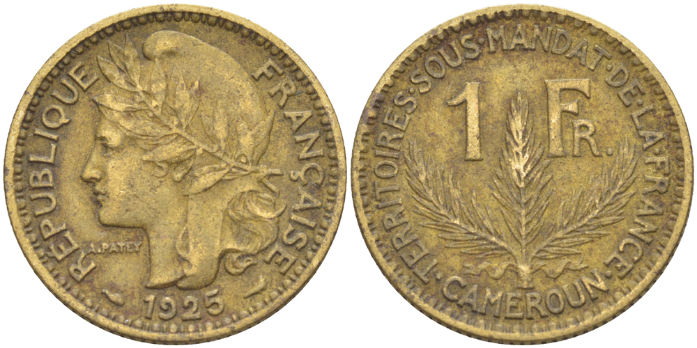 Французский Камерун 1 франк 1925 (а), монетный двор Париж KM 2 алюминиевая бронза    33-657