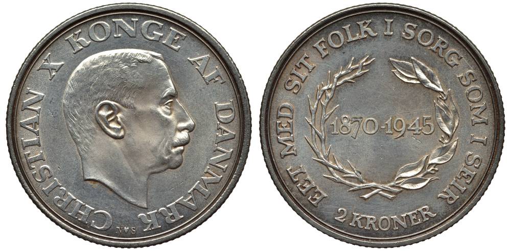 Дания 2 кроны 1945 N; S, 75 лет королю Кристиану X (1870-1945) KM 836 серебро    69-432