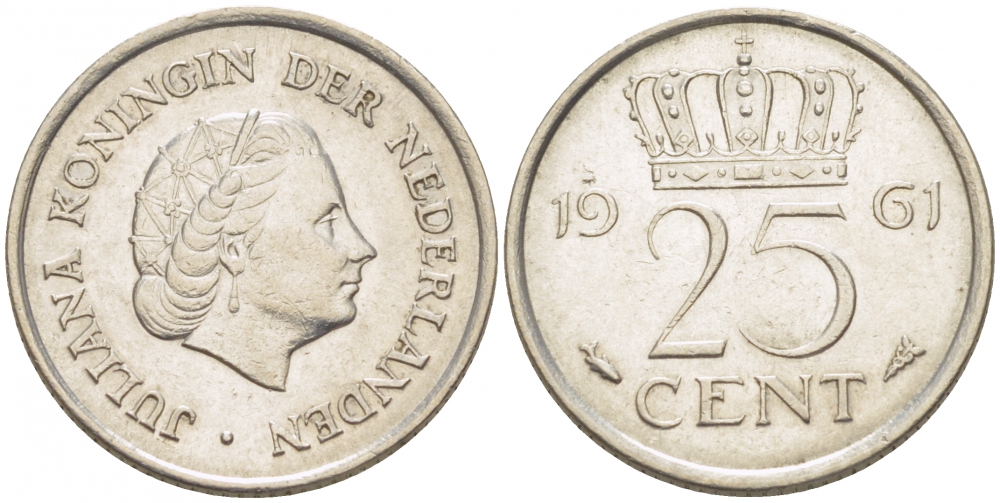 НИДЕРЛАНДЫ 25 ЦЕНТОВ 1961 ЮЛИАНА KM 183 никель 214-749