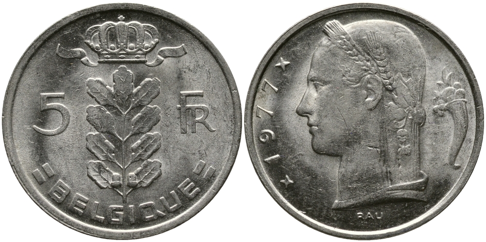 БЕЛЬГИЯ 5 ФРАНКОВ 1977 BELGIQUE KM 134.1 медно-никель 98-652