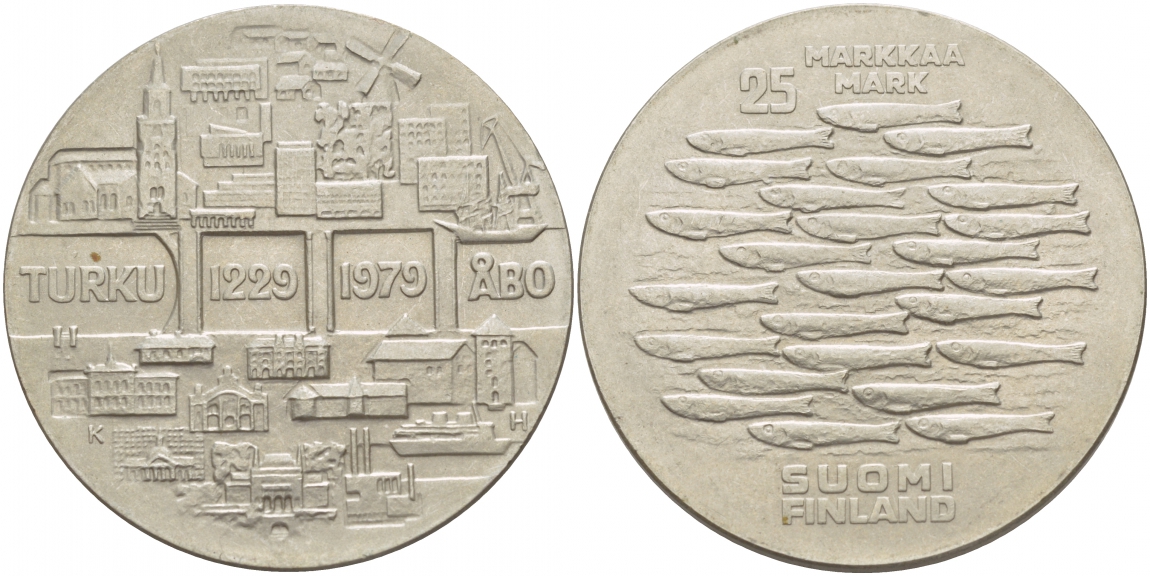 Финляндия 25 марок 1979 K-H, 750 лет городу-порту Турку KM 58 серебро 443-225
