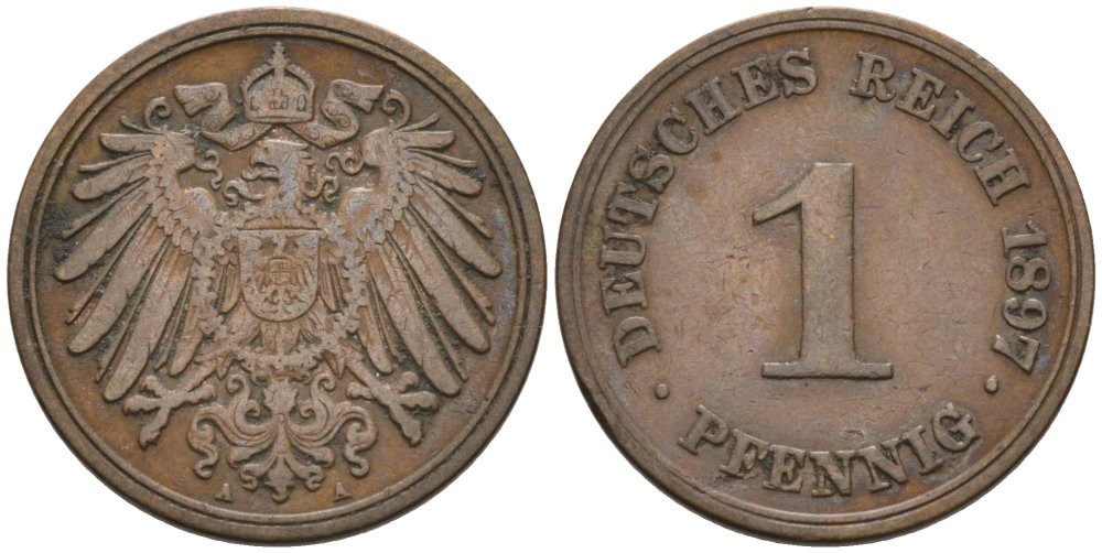 Германия 1 пфенниг 1897 A KM 10, J. 10, Weege 2 медь 4567-1127