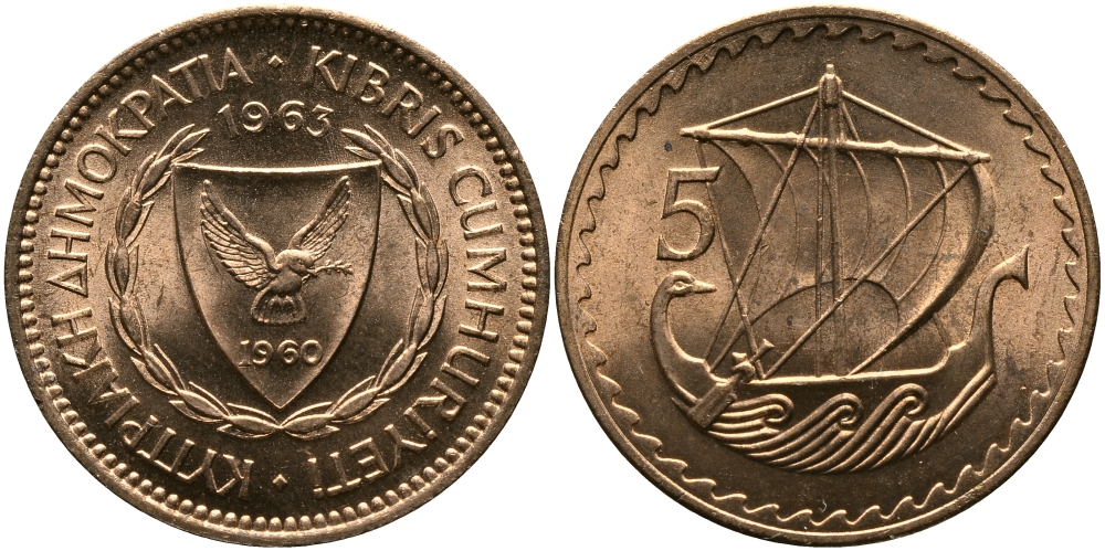 Кипр 5 милсов 1963 парусник KM 39 бронза aUNC 33-753