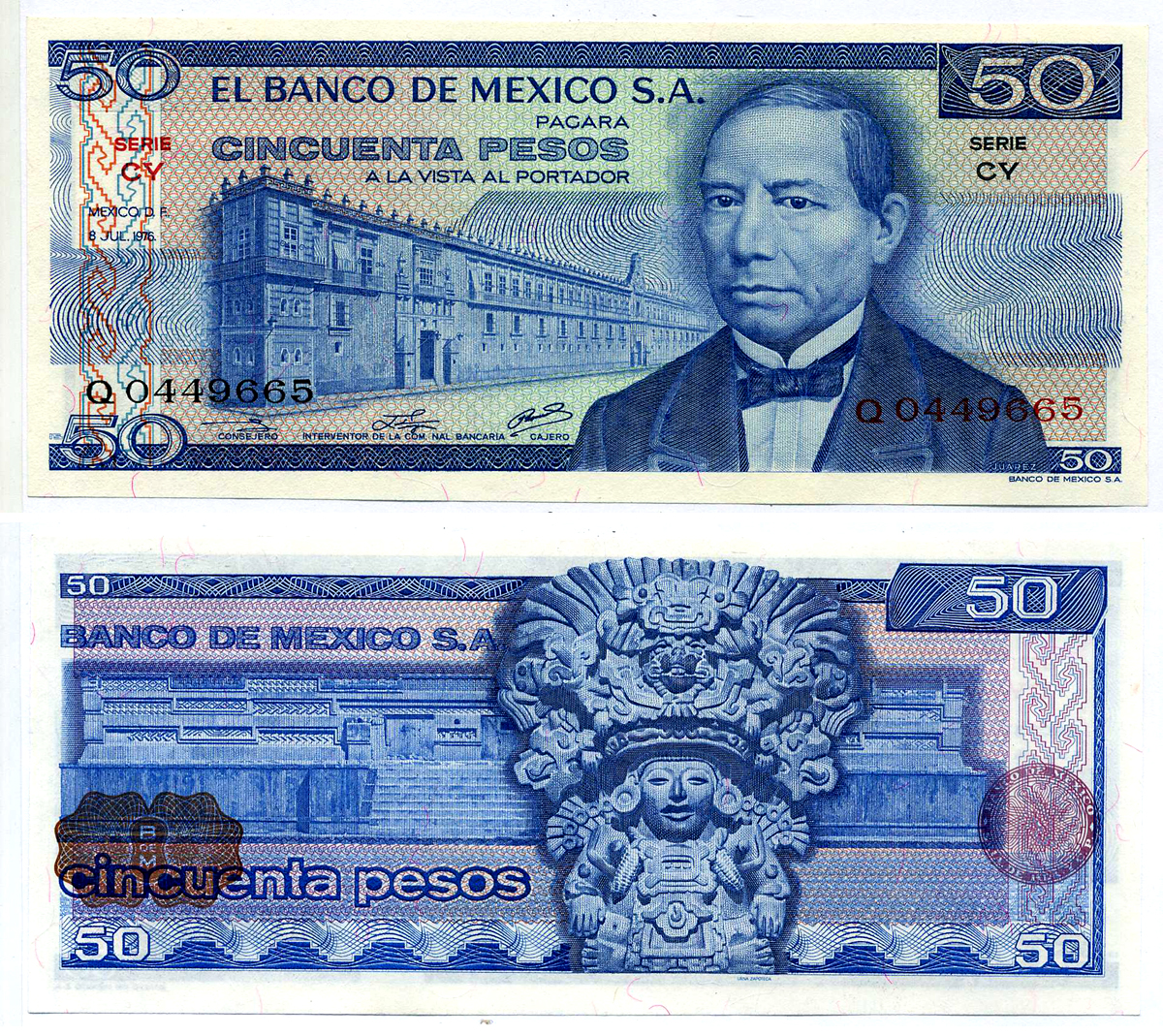 МЕКСИКА 50 ПЕСО 1976 8 июля 1976 Pick 65b бумага UNC (пресс) 7486-62-1-2