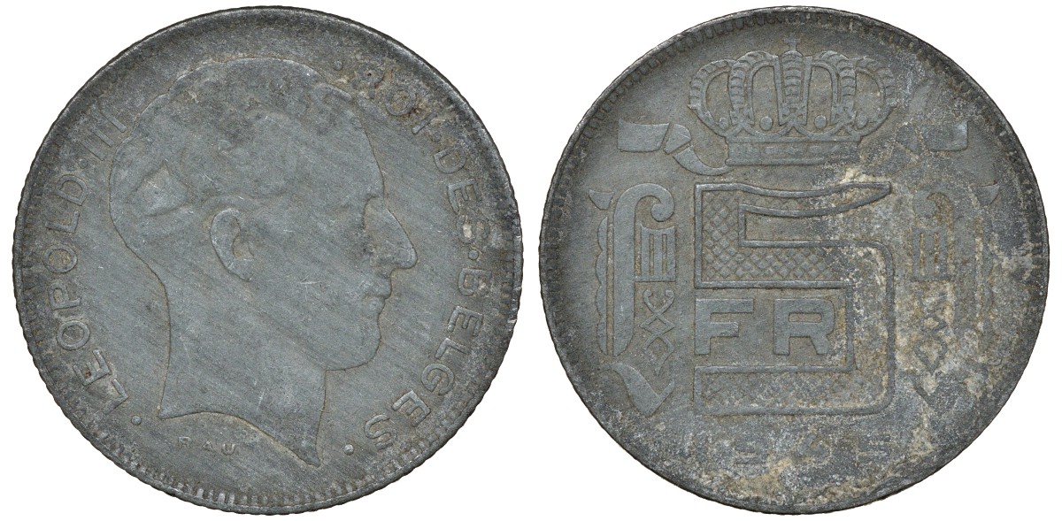 Бельгия 5 франков 1945 Belges KM 129.1 цинк 4163-526