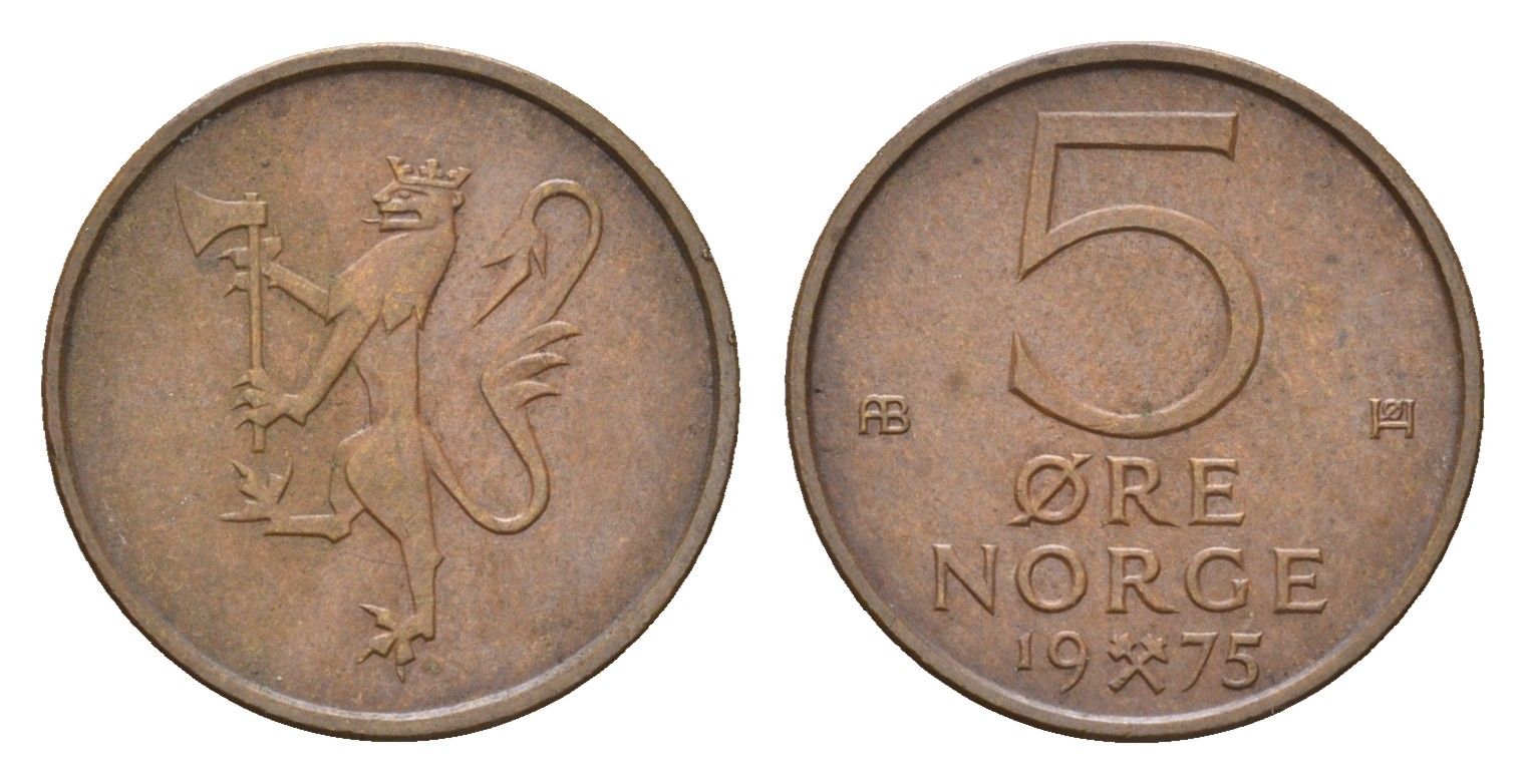 Норвегия 5 эре 1975 Улаф V (1957-1991) KM 415 бронза 4702-266