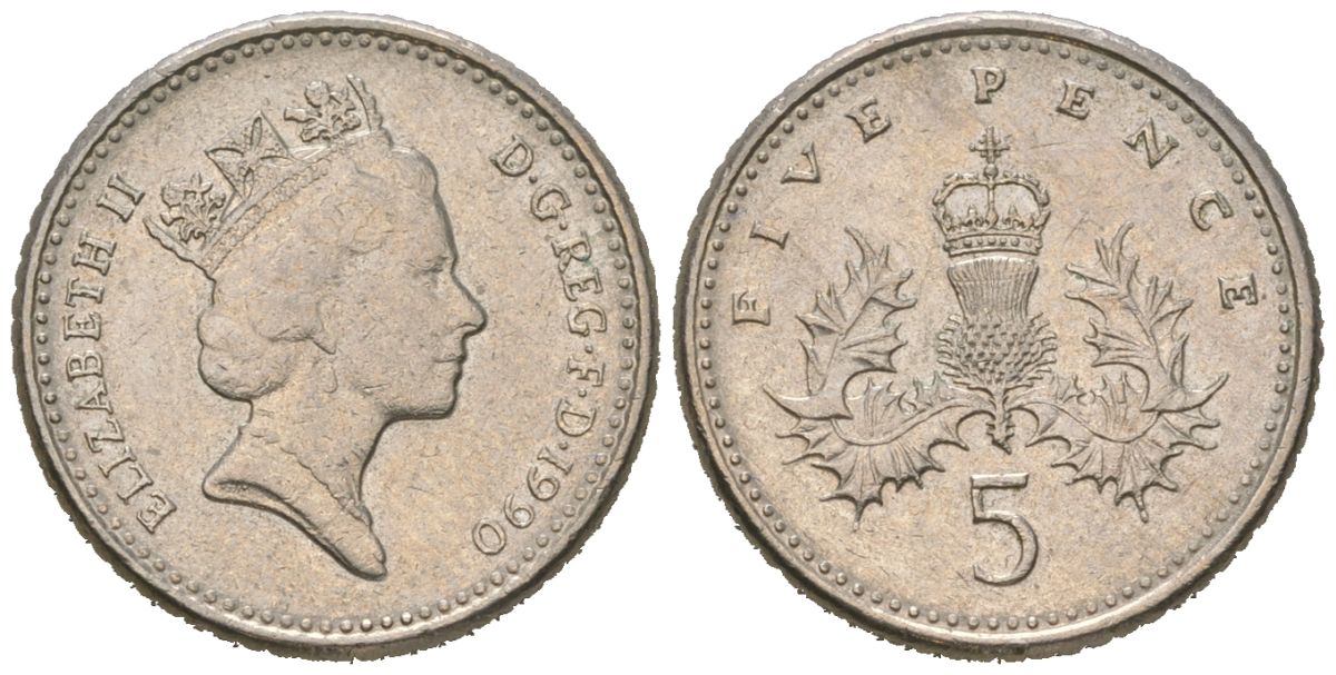 Великобритания 5 пенсов 1990 Елизавета II (1952-2022) KM 937b, Spink 4372 (D4) медно-никель 4532-442