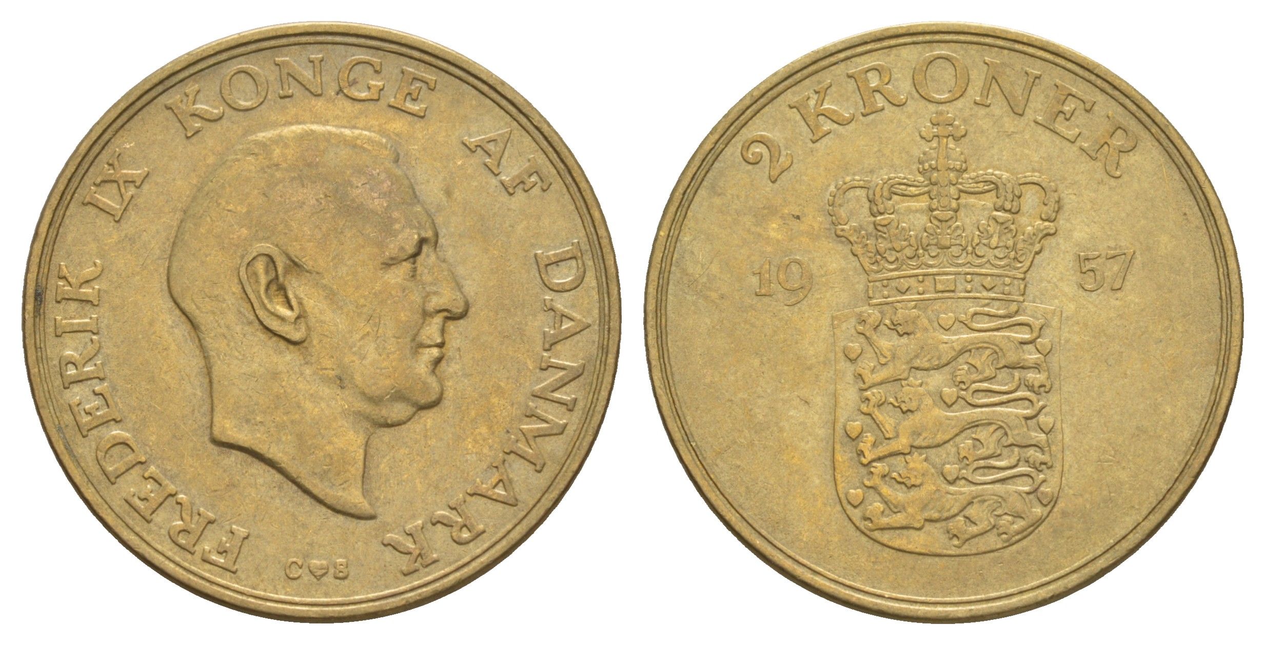 Дания 2 кроны 1957 C, Фредерик IX (1947-1972) KM 838 алюминиевая бронза 4653-1145