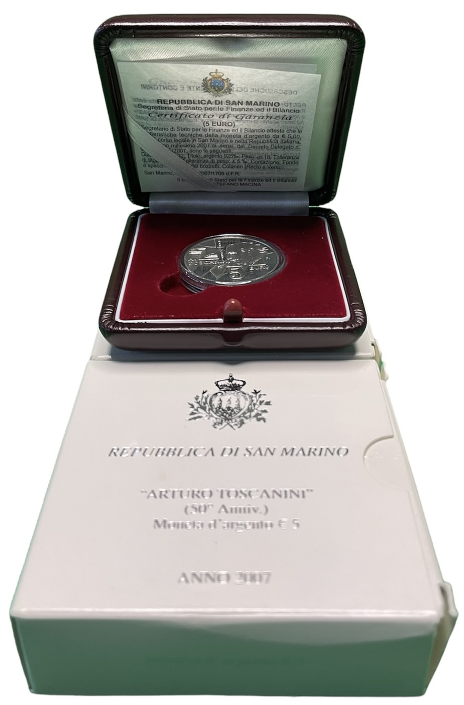 Сан-Марино набор 5 евро + 10 евро 2007 поэт Джозуэ Кардуччи и дирижер Артуро Тосканини, в оригинальной коробке, с сертификатом KM 474, 475 серебро PROOF 1-4-4-01