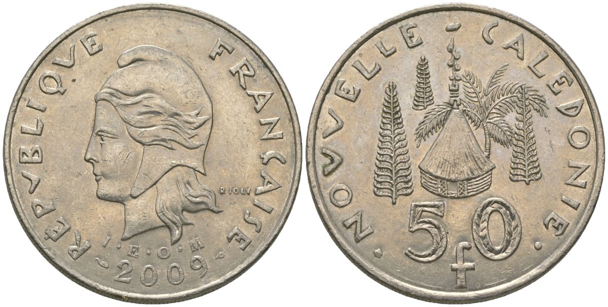 Французская Новая Каледония 50 франков 2009 хижина среди сосен и пальм, (IEOM) KM 13a, Schoen 15a, Lec 128i медно-никель 114-1034