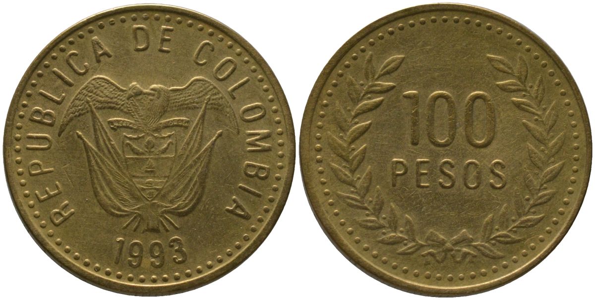 Колумбия 100 песо 1993 KM 285.1, Restrepo 445.2 латунь 4538-1237