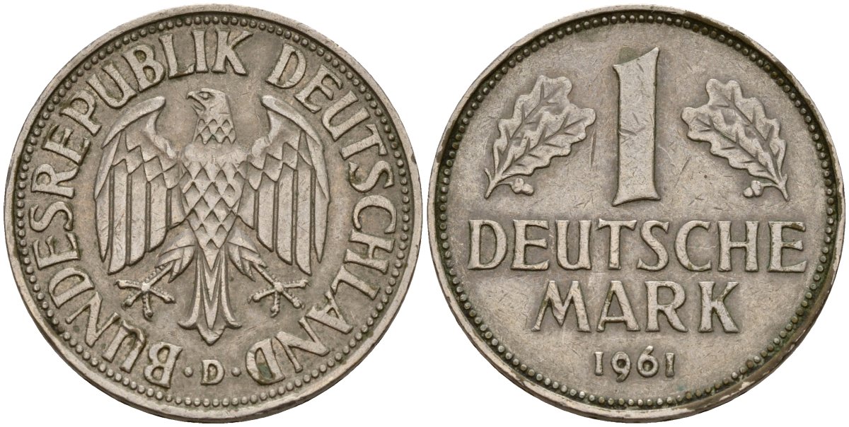 ФРГ 1 марка 1961 D KM 110, J. 385 медно-никель 4159-1044