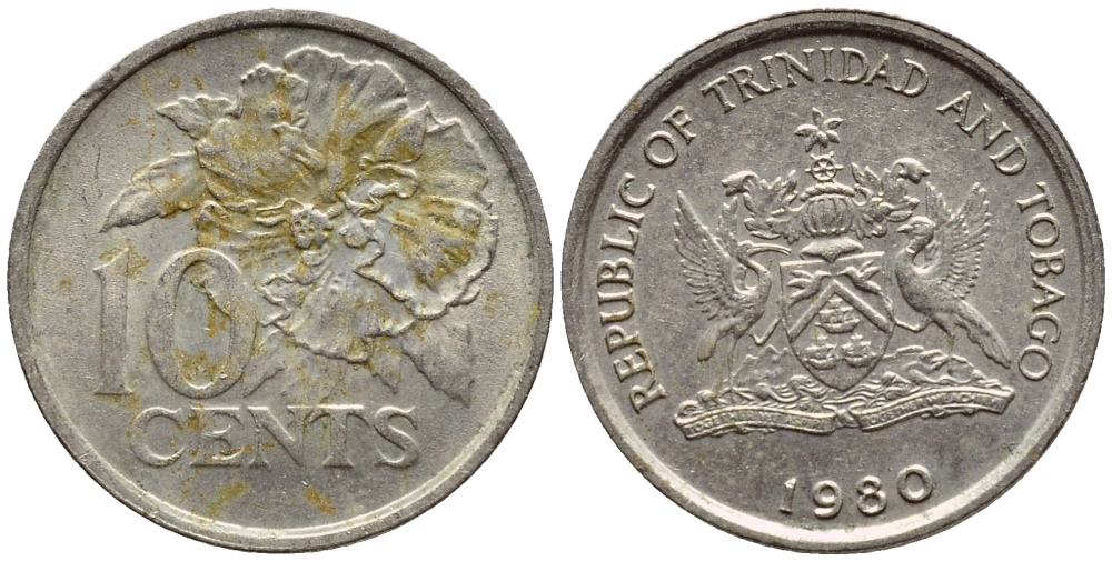 Тринидад и Тобаго 10 центов 1980 цветок гибискуса KM 31 медно-никель 4396-913