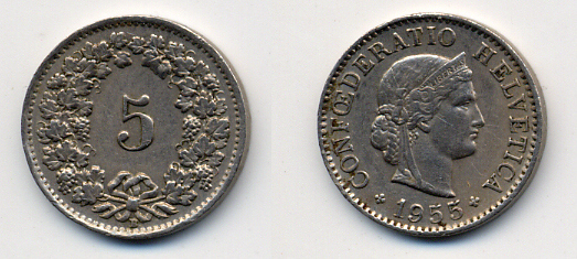 ШВЕЙЦАРИЯ 5 РАППЕНОВ 1955 KM 26 медно-никель 54-359